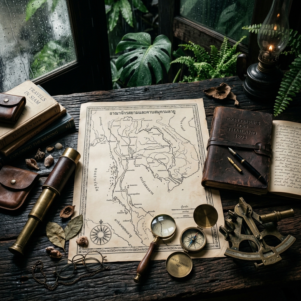 Vintage Thai map, brass compass, and optical elements on dark colonial teak wood — The Glass Element